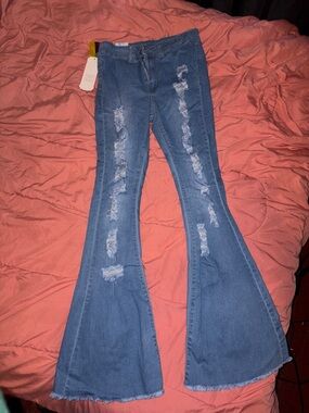 Distressed High-Rise Blue Flare Jeans